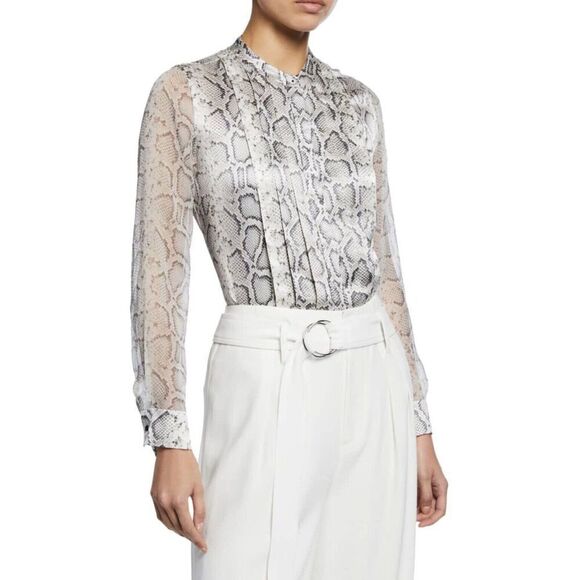 Elie Tahari Terri Snake‎ Print Blouse Women’s Size 2 Long Sleeve Buttons Tan - Picture 1 of 7